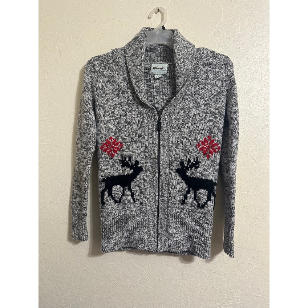 Telluride Co Women Full Zip Cardigan Sz S Wool Blend Reindeer Snowflake Preppy